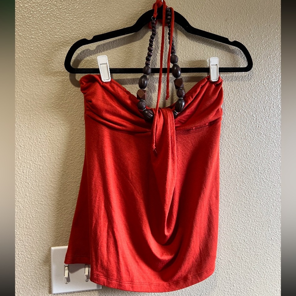 Y2k top Red Strapless Draped Halter Top Hot Tempered wood bead details